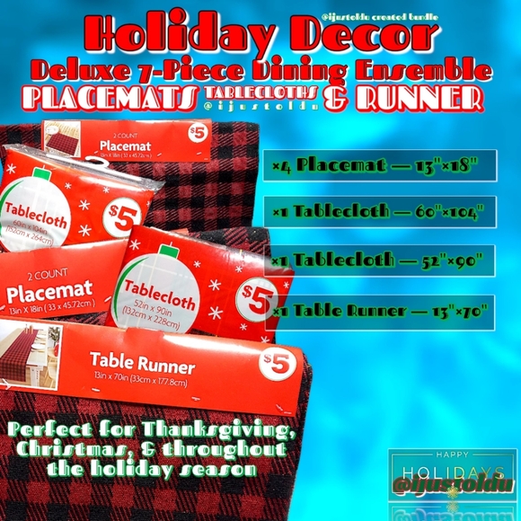 Holiday Decor, Deluxe 7-Piece Dining Ensemble | Placemats, Tablecloths & Runner - Picture 13 of 13